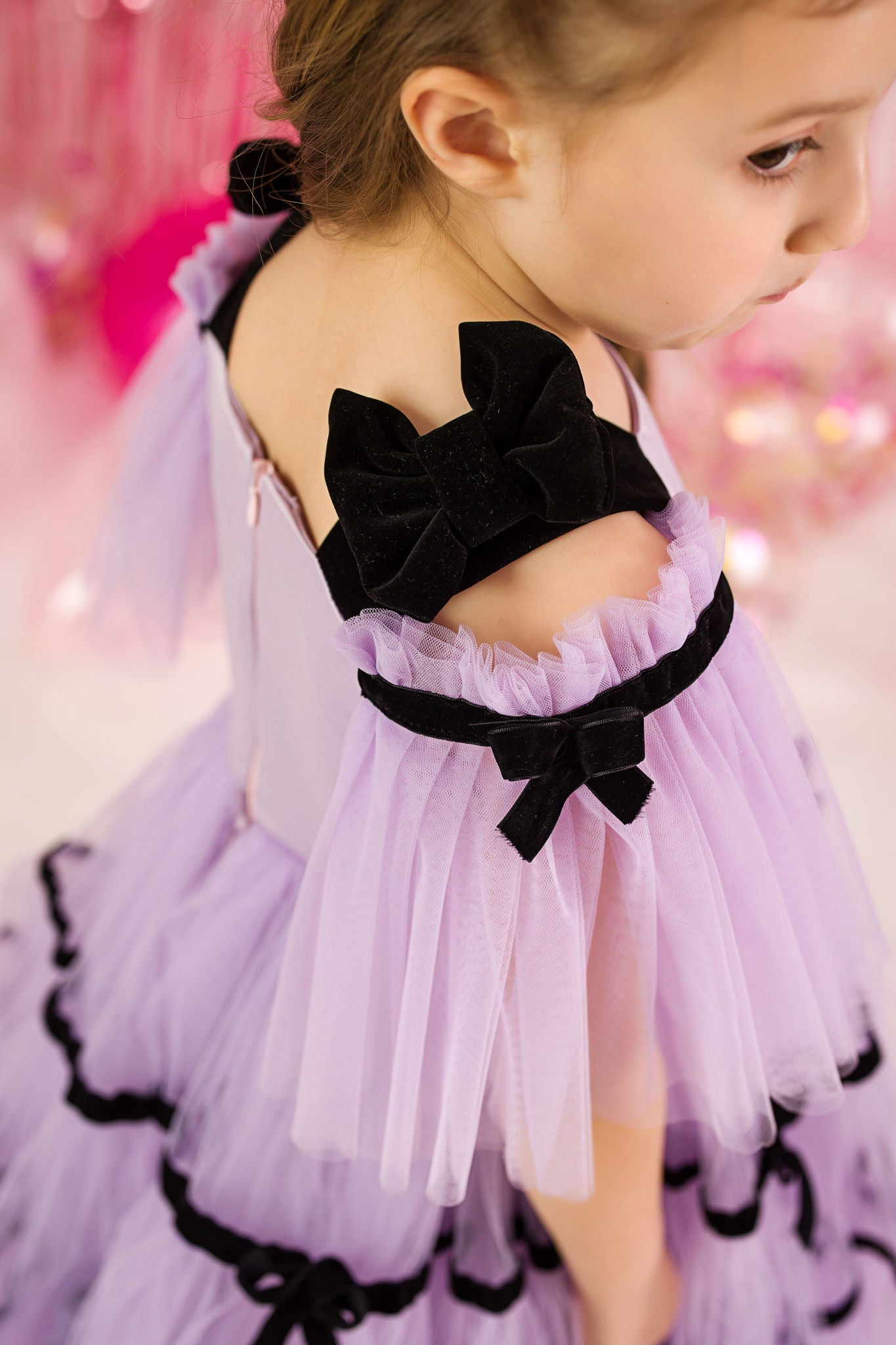 Lilac Tulle Gown with Black Velvet Ribbon for Girls - Wanda – essakids